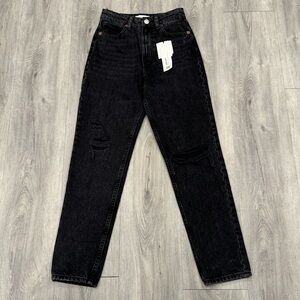 Zara Casual Black Distressed Denim High Rise Straight Leg Jeans